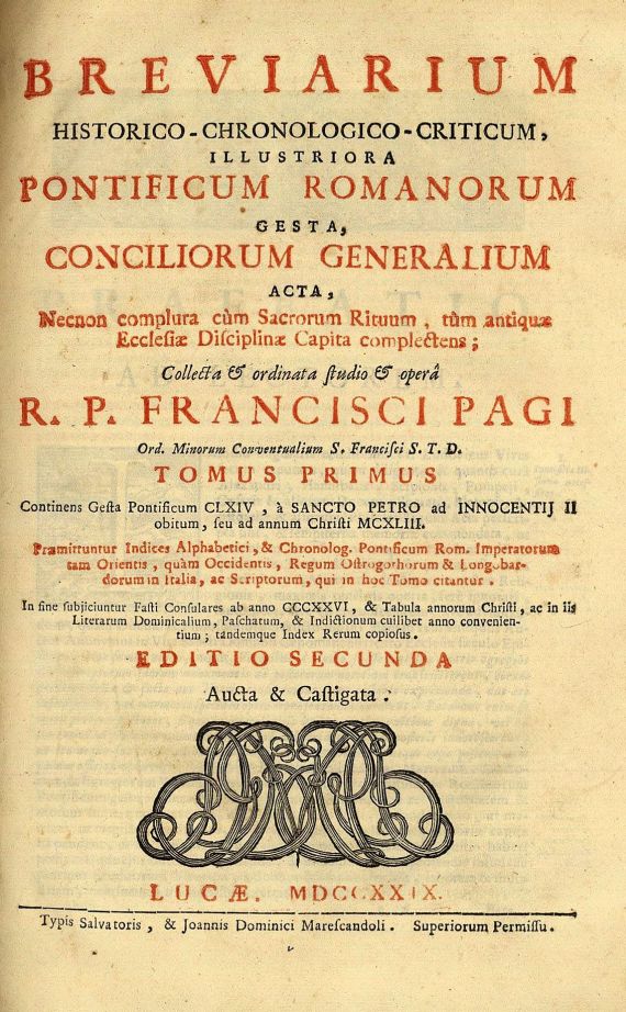 Fr. Pagi - Breviarium historico-chronologico-criticum. 1729.