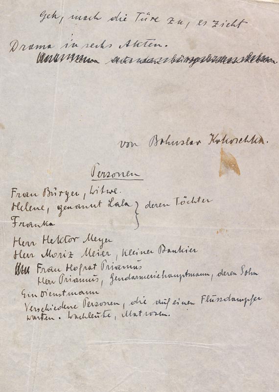 Bohuslav Kokoschka - Eigh. Manuskript von Geh, mach die Türe zu. Um 1925