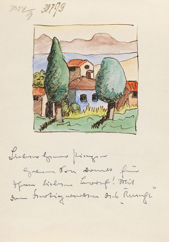 Hermann Hesse - Eigh. Brief mit Aquarell. Um 1943.
