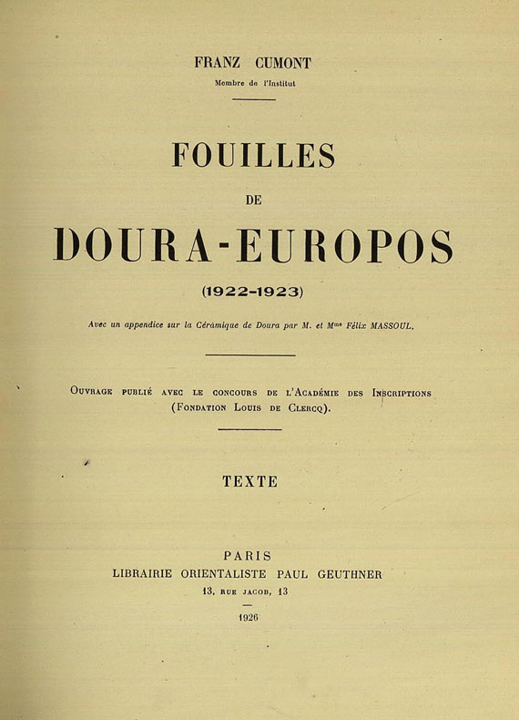 Franz Cumont - Fouilles de Doura-Europos. 2 Bde. 1926.