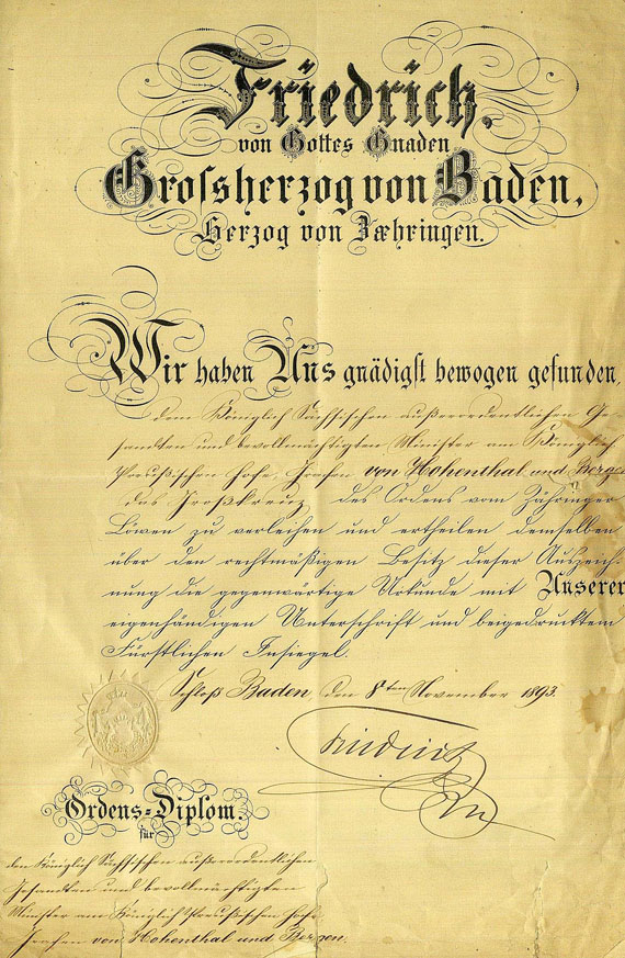  Friedrich I. von Baden - Urkunde mit eigh. Unterschrift. 1893.