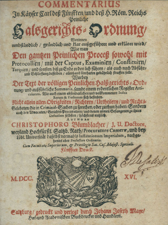 Christoph Blumblacher - Commentarius Halsgerichts Ordnung. 1716