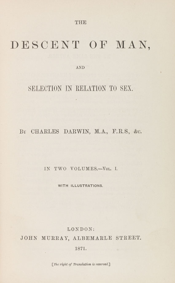 Charles Darwin - The descent of man. 1871. 2 Bde.. - Weitere Abbildung