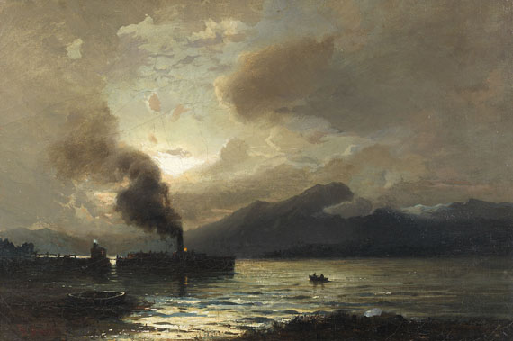 Hans Fredrik Gude - Mondschein über Fjordlandschaft mit Dampfer