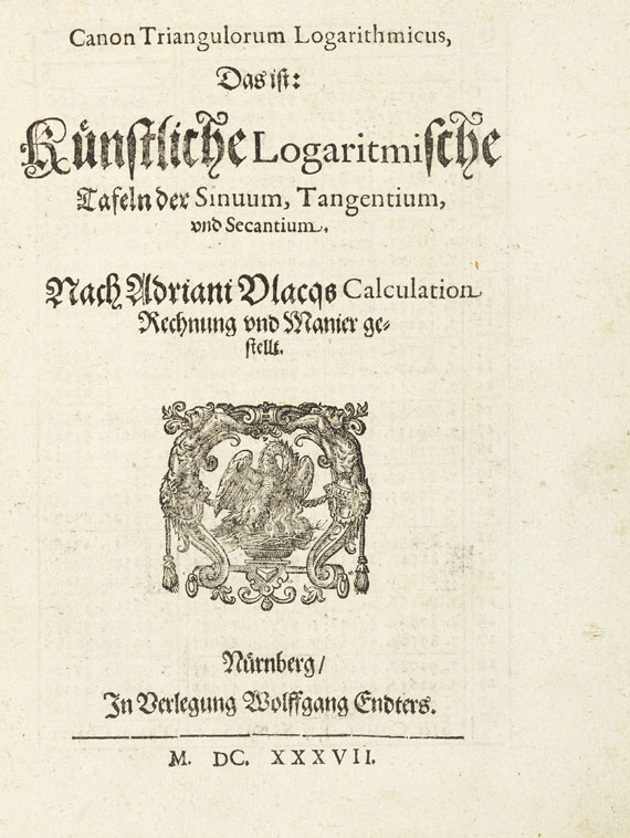 John Napier - Zehentausend Logarithmi. 1637. - Angeb.: Vlacq, Canon triangulorum