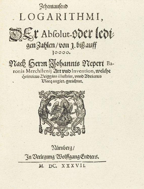John Napier - Zehentausend Logarithmi. 1637. - Angeb.: Vlacq, Canon triangulorum