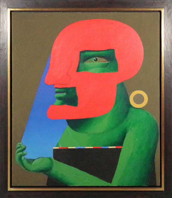 Horst Antes - Porträt mit Roter Gesichtsmaske und blauem Gesichtsfeld - Rahmenbild