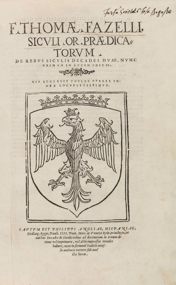 Tommaso Fazello - De rebus Siculis. - Angeb.: Christianus Massaeus, Chronicorum. 2 Werke in 1 Band