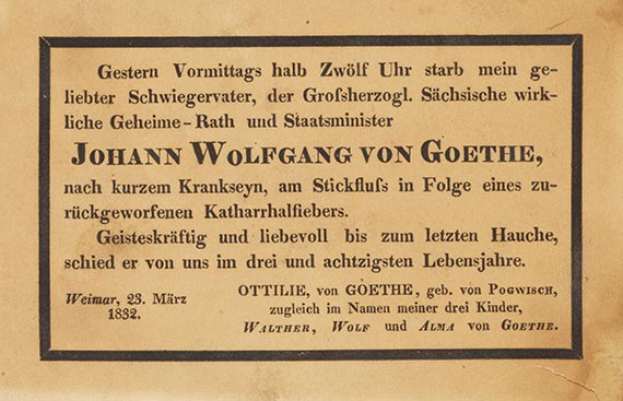 Johann Wolfgang von Goethe - Sterbeanzeige Goethe
