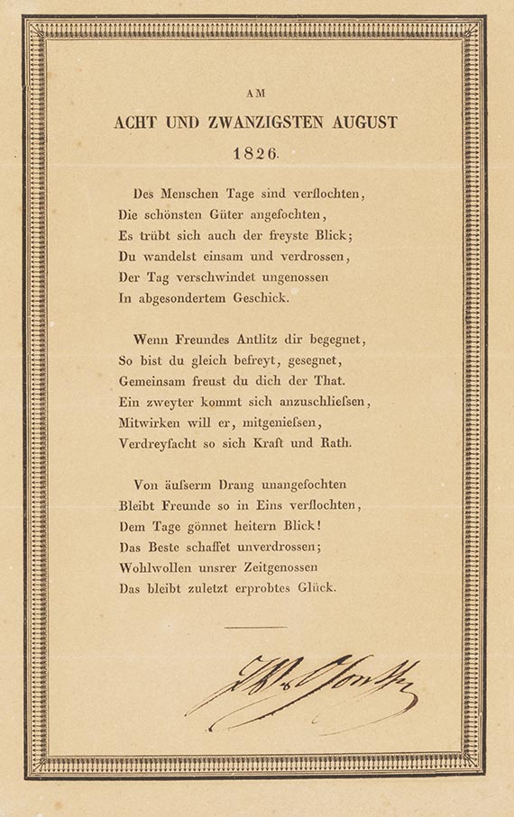 Johann Wolfgang von Goethe - Gedrucktes Gedicht mit eigh. Unterschrift