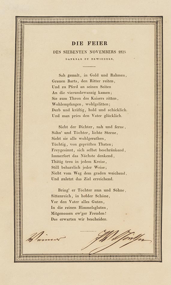 Johann Wolfgang von Goethe - Gedrucktes Gedicht mit eigh. Unterschrift u. Ort