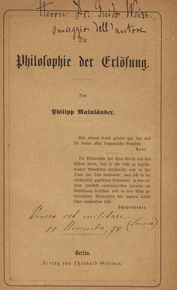 Philipp Mainländer - Philosophie der Erlösung. 2 Bände. Mit Eintrag von Minna Batz-Mainländer
